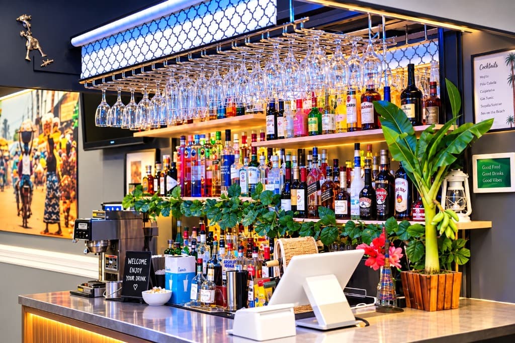 Golden BBQ Grill bar with bottles, glassware, and welcome sign