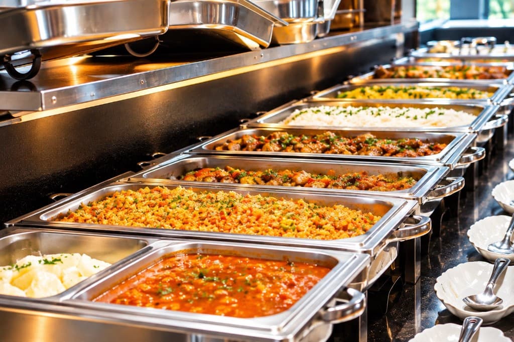 Golden BBQ Grill Sunday buffet chafing dishes with African and Caribbean food