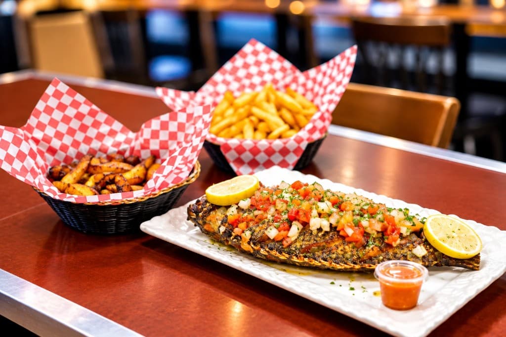 Whole grilled fish with fried plantains and fries at Golden BBQ Grill